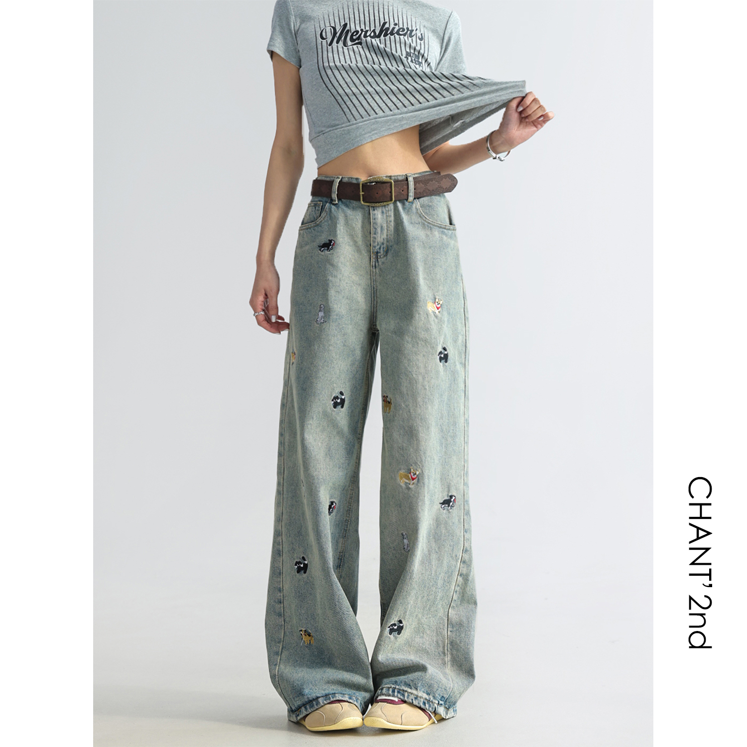「CHANT2nd」子供っぽい子犬の刺繍入りジーンズ レディース ワイドレッグ ゆったり フロアモップパンツ ハイウエスト スリム ストレートパンツ
