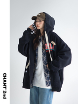 AzLan chessboard opener coat female spring and autumn American retro hooded sweater small crowd design sensory top