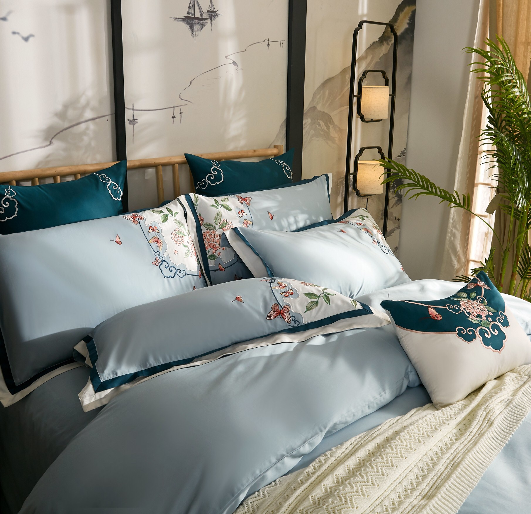 Chinese bedding warm embroidery bed four-piece set Housewarming new home gift thickened cotton cotton quilt cover plush cotton