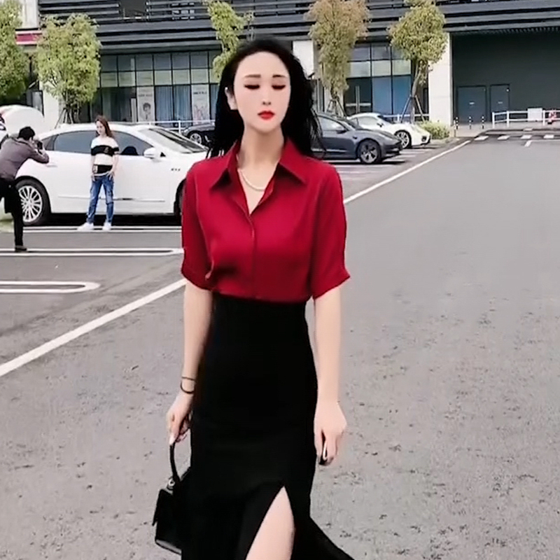 Shirt Tops Women's Skirt Suit 2025 Summer Chiffon Short-Sleeved Design Shirt Sun Protection Clothing Two-Piece Trendy Set