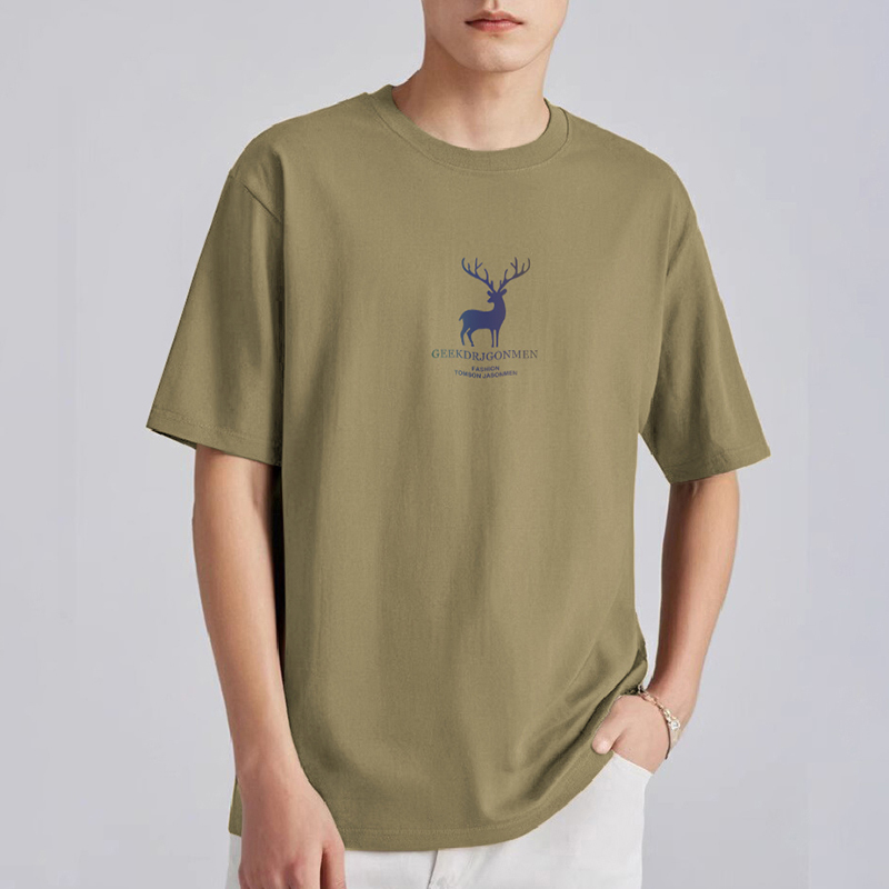 260g American Heavyweight Pure Cotton T-Shirt Men's Short-Sleeved Loose Trendyy Elk Print Top Clothes T-Shirt Summer Half-Sleeved