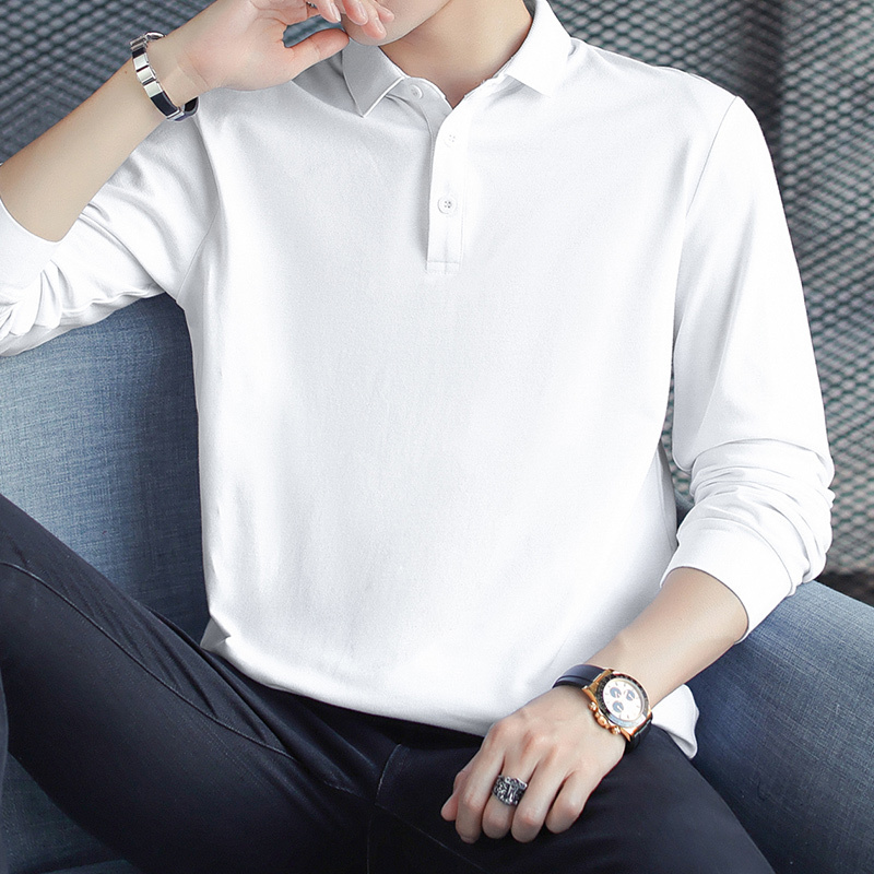 Men's Long-Sleeve Polo Shirt, Solid White, Slim Fit, Collared, Base Layer Shirt, Autumn Wear