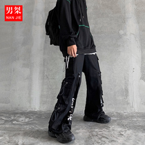 Dark mens ruffian handsome high street pants Mens black overalls Functional style hip-hop straight drop casual pants