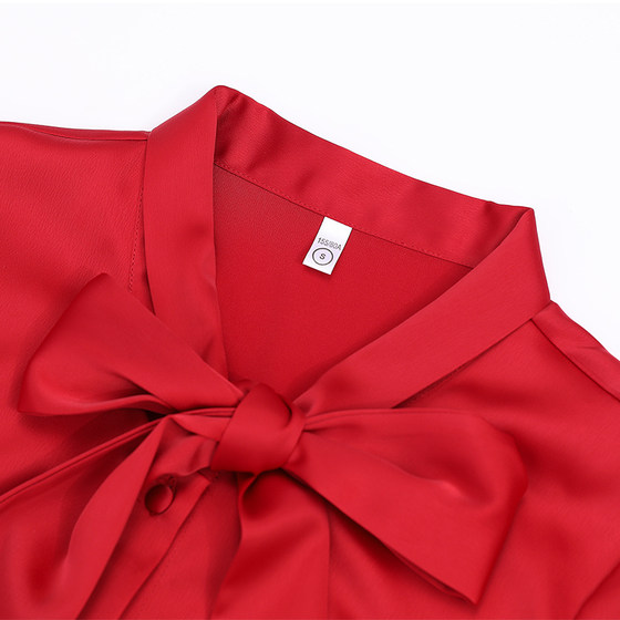 Red bow shirt women's long-sleeved 2024 autumn new Korean style fashionable ribbon top bottoming shirt size