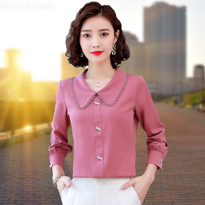 雪纺衬衫女长袖春装新款加绒加厚打底衫娃娃领洋气上衣高端衬衣潮