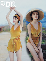  DK new velvet swimsuit female one-piece two-piece hollow sexy backless thin belly cover small chest gathered hot spring swimsuit