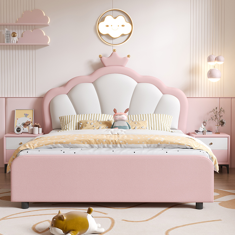 Crown Pink Children's Bed Modern Simple Princess Bed for Girls 1.5m Single Bed Soft Upholstered Bed Storage Bed