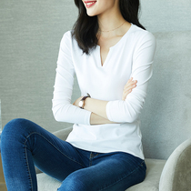 V-neck bottoming shirt womens long-sleeved 2021 new spring and summer cotton T-shirt sexy slim-fitting thin autumn top trend
