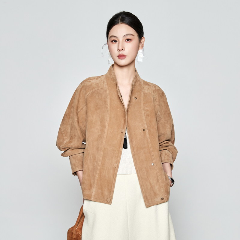 2026 New Style Genuine Leather Jacket for Women, Short Stand-Up Collar, Suede Goat Leather, Loose Fit, Slimming, Vintage Casual