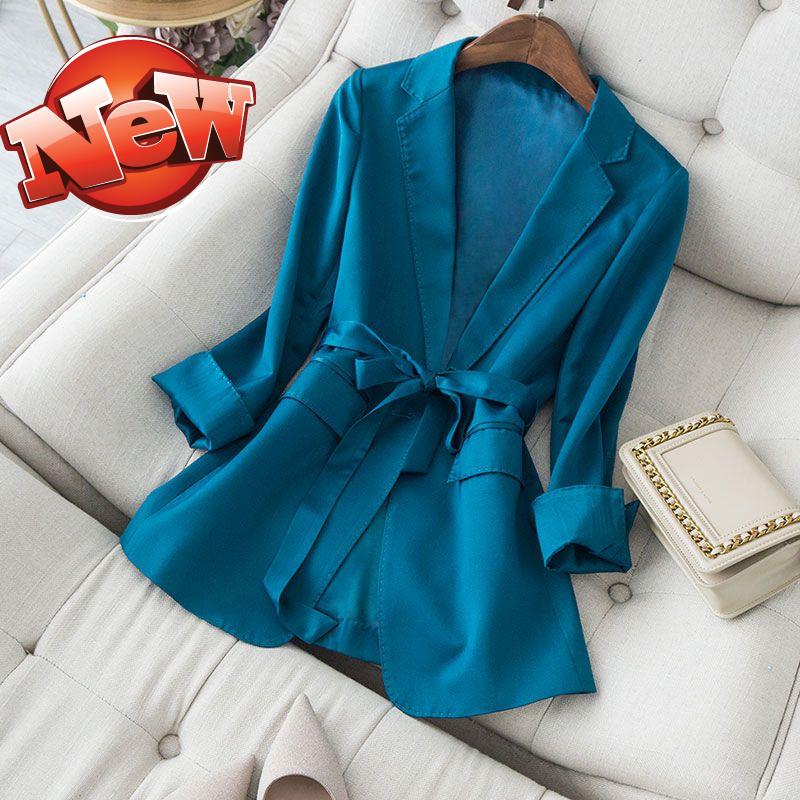 French niche small suit stunning peacock blue satin lace slim coat q set elegant temperament three-quarter sleeve west