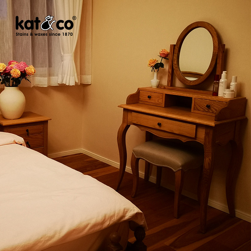 KatCo American Countryside Makeup Table Combination Nordic Retro Bedroom Solid Wood Mirror Makeup Bench Make-up Bench Suit