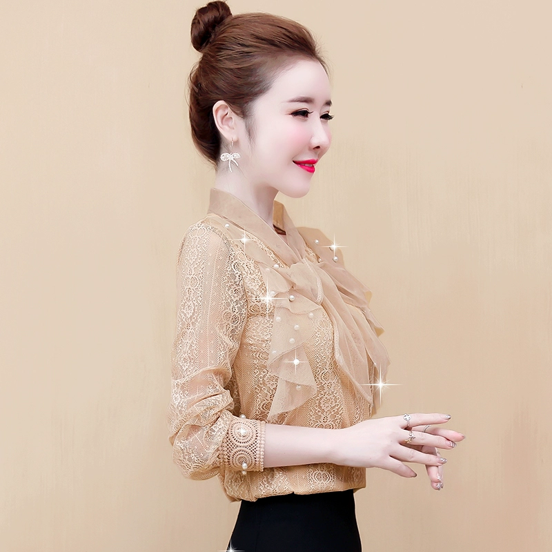 Plus nhung dày ren đáy áo sơ mi phụ nữ quần áo thu đông 2021 áo kiểu mới áo kiểu nước ngoài áo sơ mi voan nhỏ - Áo sơ mi chiffon ren