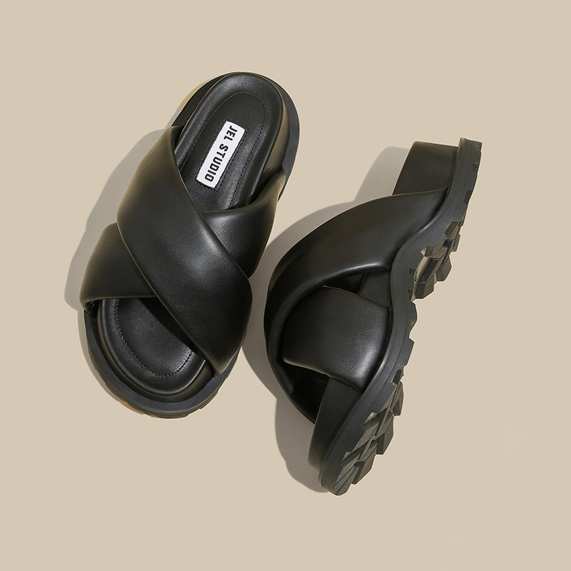 Sheepskin Version ~ Platform Thick-Soled Cross-Strap Slippers for Women, Suitable for Outdoor Wear, 2026 Summer New Style, Genuine Leather Sandals for Women