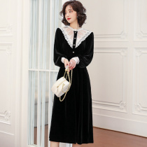 Dress women 2021 spring new Hepburn style womens early spring long sleeve waist temperament golden velvet skirt tide