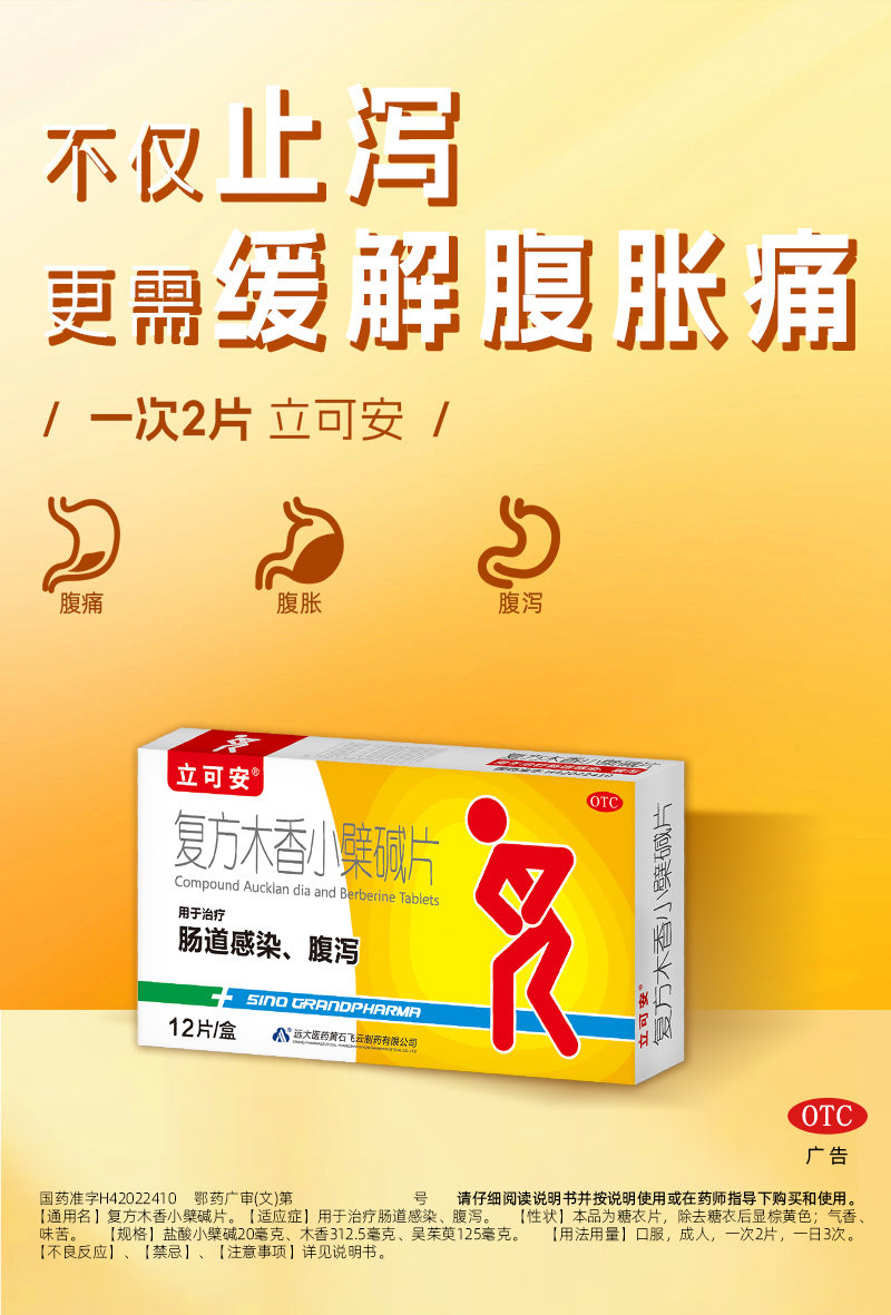 Compound Wood Fragrance Berberine Tablets for Intestinal Infection and Diarrhea: 12 tablets per box