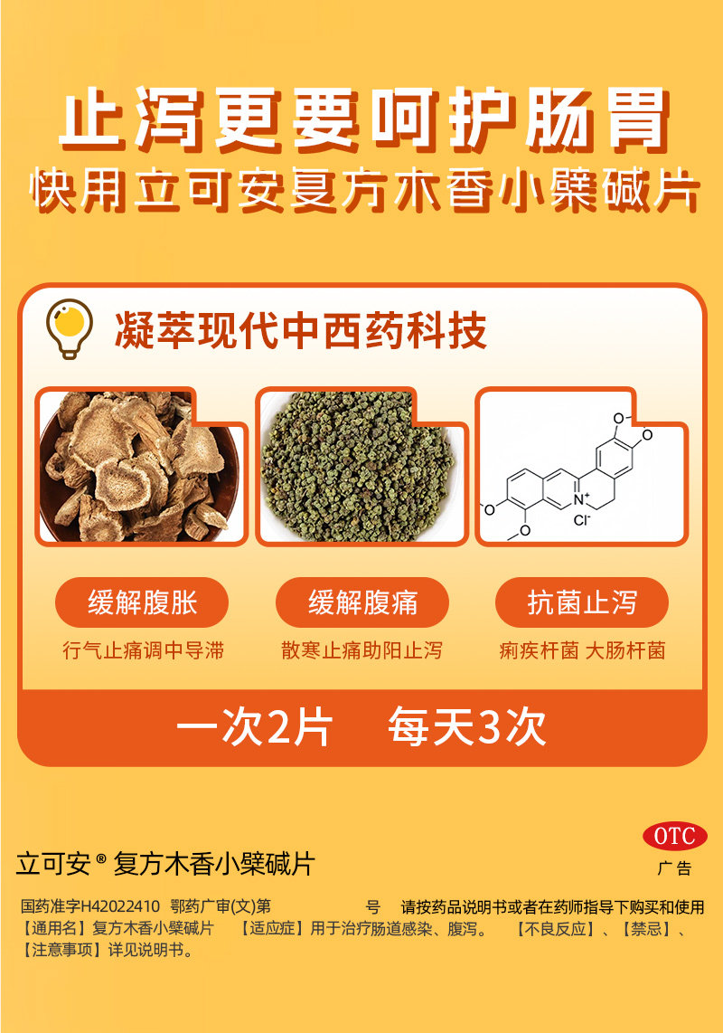 Compound Wood Fragrance Berberine Tablets for Intestinal Infection and Diarrhea: 12 tablets per box