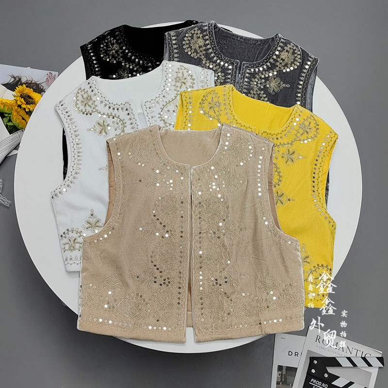 Xinxin Ethnic Style Sequin Embroidered Velvet Vest, Vintage Buttonless Versatile Short Vest Jacket