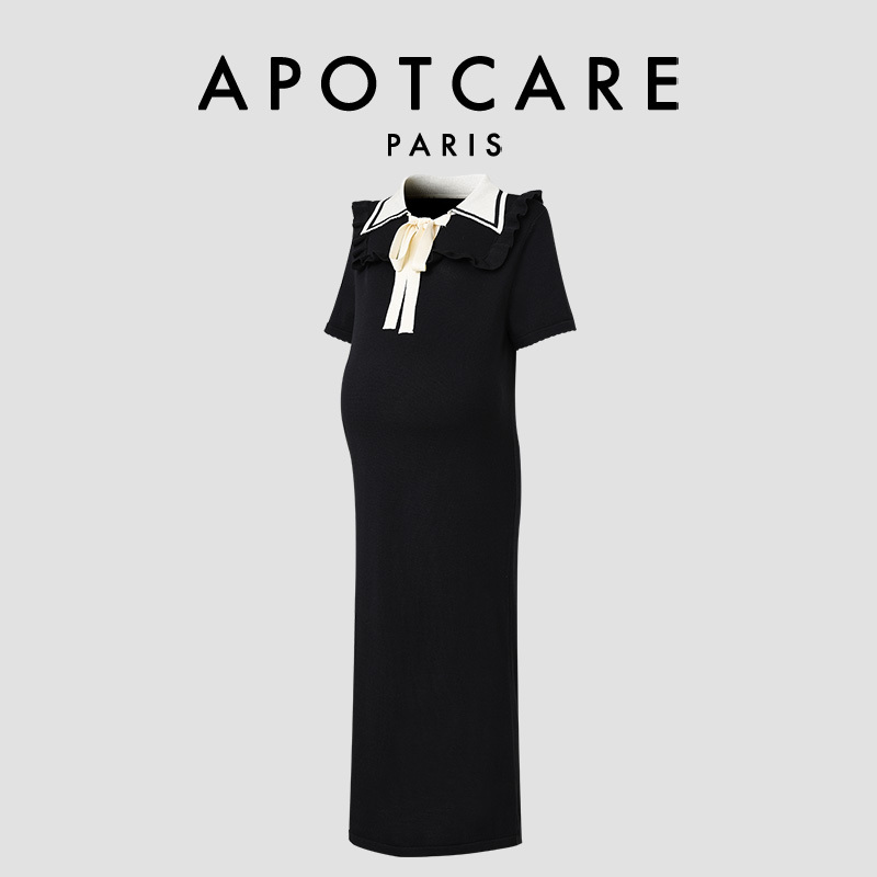 French Apotcare Maternity Wear Summer Maternity Knitted Dress Korean Style Long Maternity Dress Trendy Mom Nursing Dress