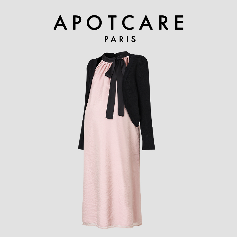 French Apotcare Maternity Wear Autumn and Winter New Style Pink Bow Dress Elegant Black Long-Sleeved Suit