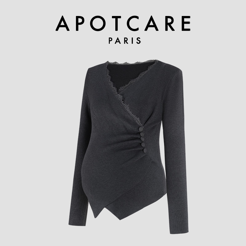 French Apotcare Maternity Wear Autumn and Winter Style Knitted Inner Layering Shirt for Women, High-End Asymmetrical Waist-Cinching Shirt