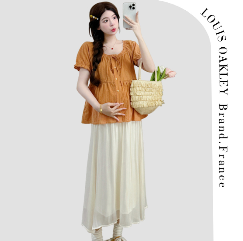 French Louis Oakley Summer Stylish Pumpkin-Colored Babydoll Shirt with Elegant Puff Sleeves and a Belly-Covering Skirt Set