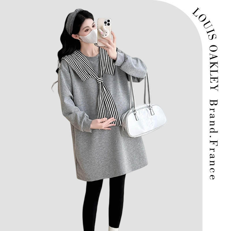 French Louis Oakley Maternity Wear 2026 Spring and Autumn New Versatile Loose Slimming Shawl Sweatshirt Dress
