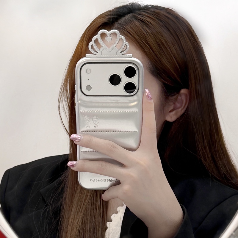 ins Silver Three-Dimensional Crown down Jacket Leather Case for iPhone 18 Pro Max New Apple 17 Pro Creative Niche 15 Celebrity Style 14 Pro Women's 16 Protective Case
