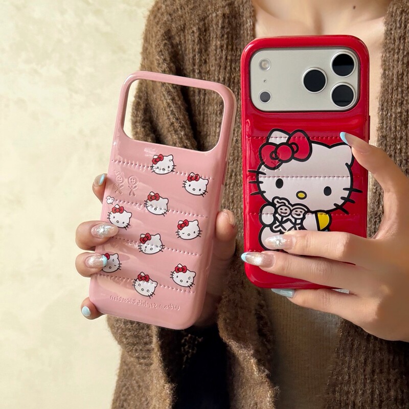 ins Cute Kitty Cat Solid Color Leather down Jacket Phone Case Suitable for Apple Iphone17Promax/16/15/14Pro Protective Case High-End Fashion Leather Creative Case for Women