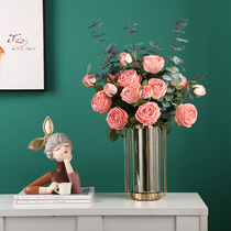 Nordic Iron Art Transparent Glass Vase Pendulum Pieces Living-room Dry Flowers Rose Flower Floral Mesh Red Light Lavish Decoration Furnishing