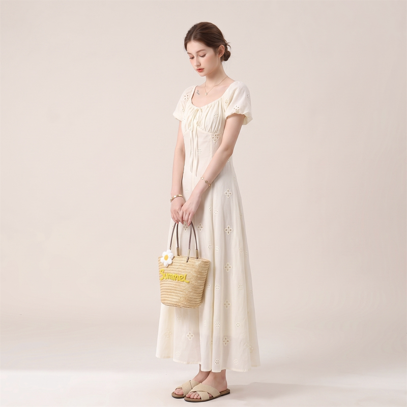 Le.He Off-White Hollow-Out Embroidered Waist-Tie Dress for Women, Summer 2026 New Style, Exquisite and Elegant Long Dress Le.He Off-White Hollow-Out Embroidered Waist-Tie Dress for Women, Summer 2026 New Style, Exquisite and Elegant Long Dress