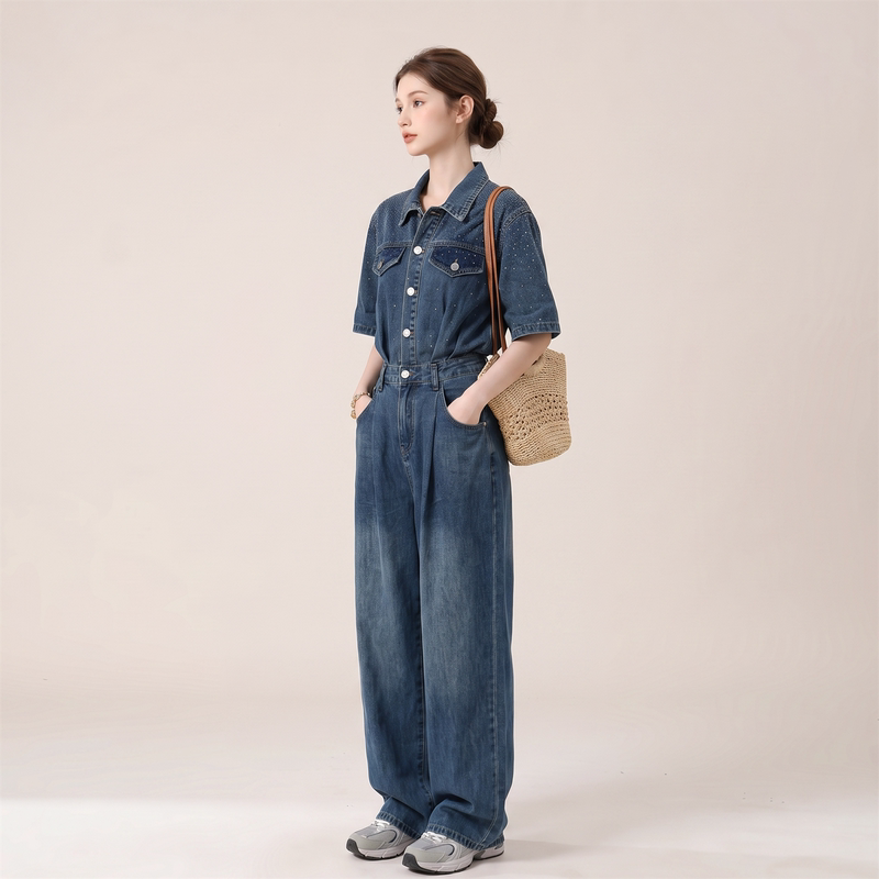 Le.He Hong Kong Style Sequin Patchwork Waist-Cinching Denim Jumpsuit for Women, Summer 2026 New Cool and Relaxed Jumpsuit