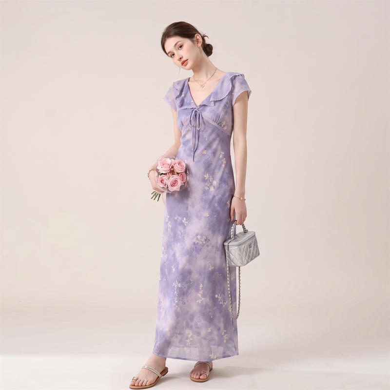 Le.He Soft Mist Purple Gradient Floral Waist-Cinching Flutter Sleeve Dress for Women, Summer 2026 New Cool Long Dress Le.He Soft Mist Purple Gradient Floral Waist-Cinching Flutter Sleeve Dress for Women, Summer 2026 New Cool Long Dress