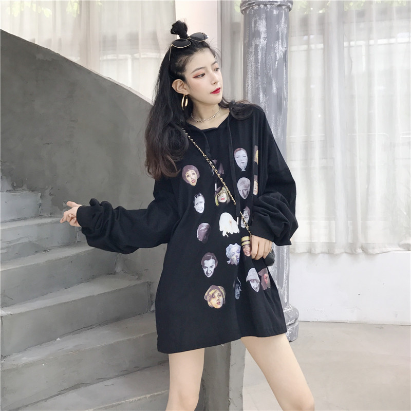 VK旗艦店 韓系個性連帽印花滿版長袖洋裝