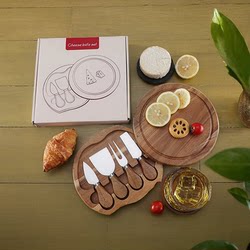 Butter Knife Board Wooden Cutting Board Acacia Wood Cheese Knife Scraper Baking Cheese Board Knife and Fork 4-Piece Set