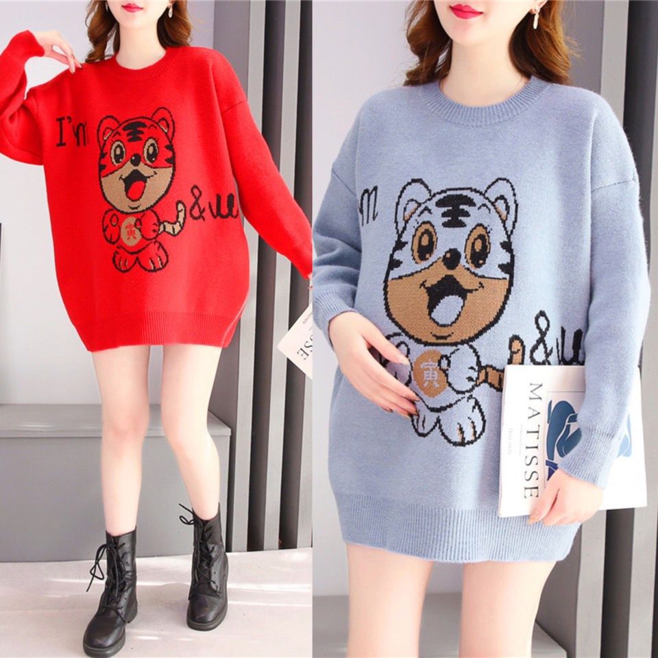Pregnant woman large size net red gestation red sweater with long version of Chinese New Year's maternity dress casual loose blouse for undershirt winter