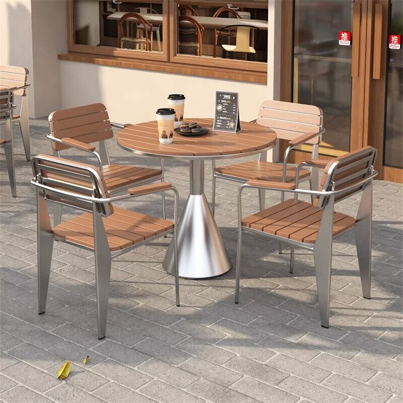 Outdoor Sun-Resistant Plastic Wood Table and Chair Set for Courtyard Terrace, Outdoor Dining Table and Chairs, Leisure Table for Milk Tea and Coffee Shop Outdoor Sun-Resistant Plastic Wood Table and Chair Set for Courtyard Terrace, Outdoor Dining Table and Chairs, Leisure Table for Milk Tea and Coffee Shop