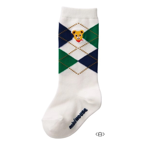 Flash Sale: Mikihouse Japanese-Made Diamond-Patterned Bear Children's Mid-Calf Socks 11-9701-498, No Returns or Exchanges