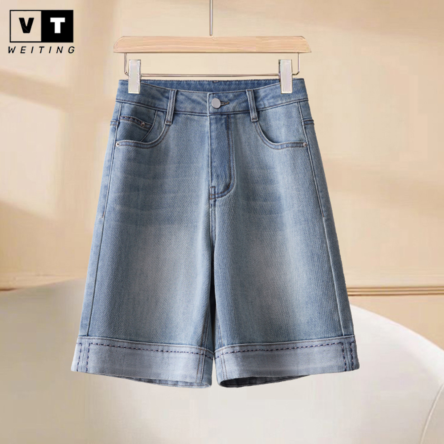 WEI TING时尚卷边牛仔五分短裤女夏季新款高腰显瘦宽松女士阔腿裤