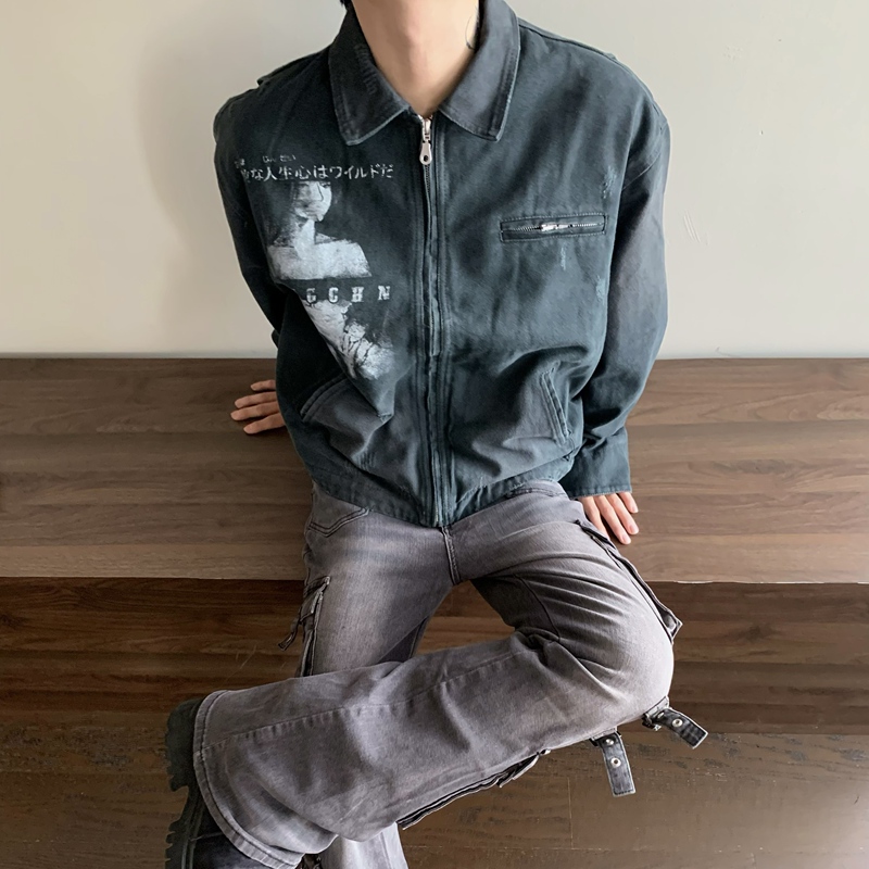 Aoc "Paradise of Happiness" American-Style Deep Navy Blue Washed Vintage Short Jacket for Men, Autumn and Winter