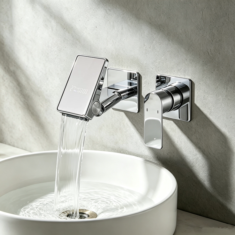 All-Copper Nickel Brushed Wall-Mounted Digital Display Mirror Folding Faucet for Bathroom Washbasin, Hot and Cold Water Basin Faucet