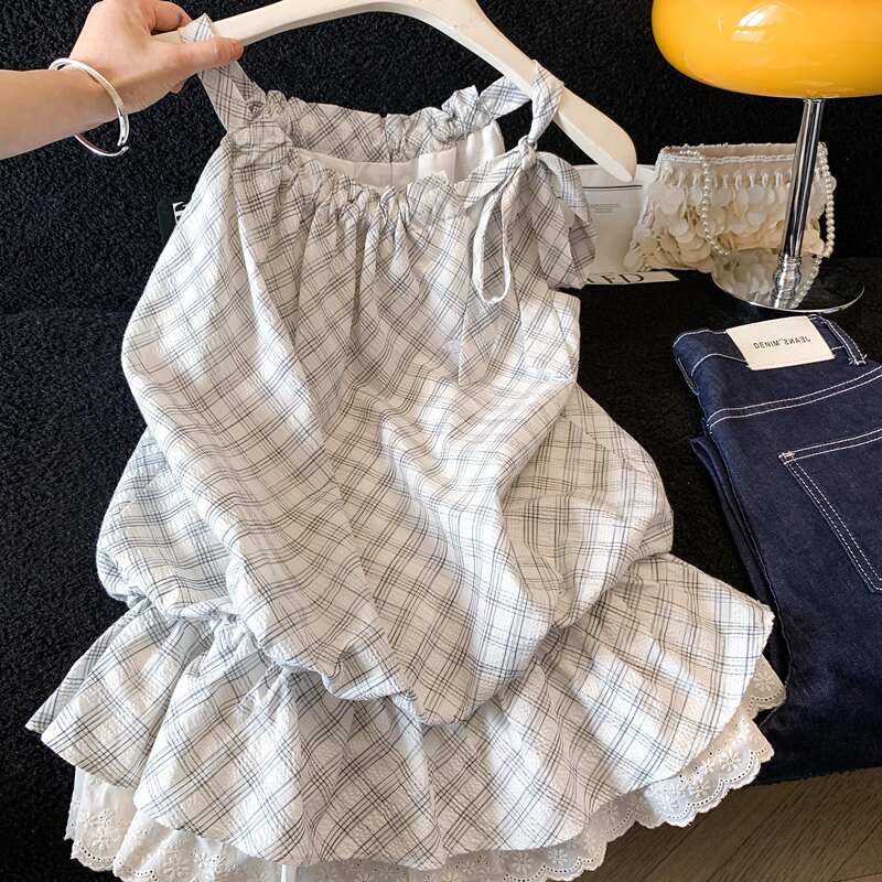 Recommended for Personal Collection~ Plaid Lace Trim Patchwork Tie-Up Camisole for Women, Summer Design, Niche Top
