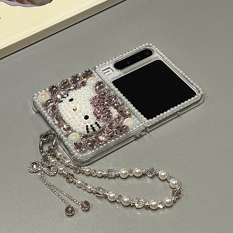 ins Light Luxury Kt Cat Chain Huawei Purax Phone Case Foldable Screen New Model Sparkling Diamond Three-Dimensional Pearl Purax Collector's Edition Huawei Protective Case Ppurax Personalized Creative Purax Anti-Drop Suitable