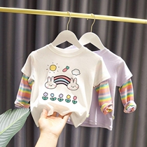 Small Baby Children Long Sleeve Leave Two T-Shirt Womens Sweatshirt Bottom Jersey Round Collar Pure Cotton Splicing Blouse Cartoon Cute
