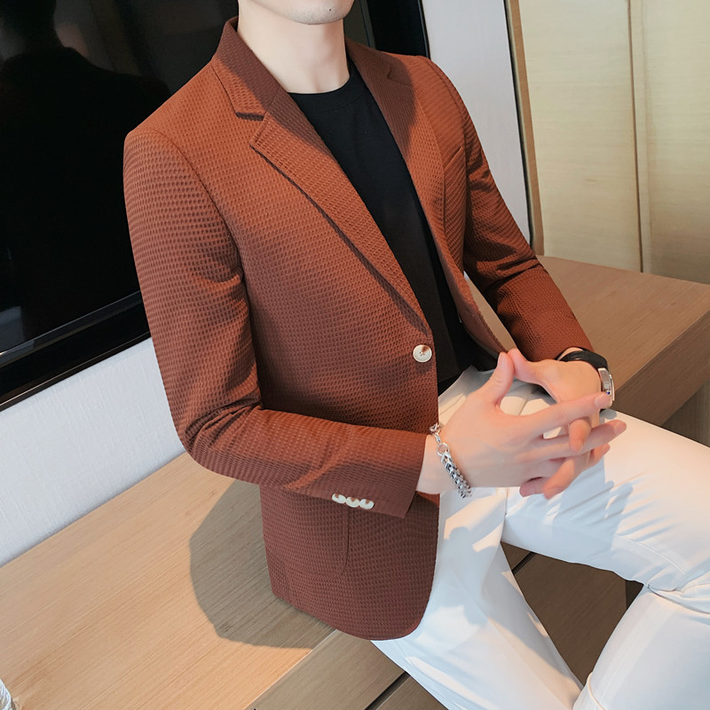 Fashionable Waffle Casual Single-Breasted Suit for Men, Versatile Spring and Autumn Top, Stylish Trendy Jacket, Slim-Fit Korean-Style Small Suit