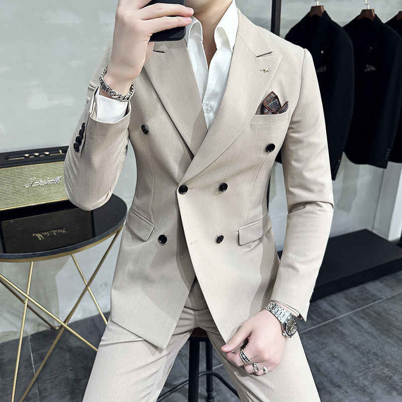 Double-Breasted Men's Suit, Slim Fit, Groom's Wedding Formal Wear, Business Casual Khaki Professional Suit Set Double-Breasted Men's Suit, Slim Fit, Groom's Wedding Formal Wear, Business Casual Khaki Professional Suit Set