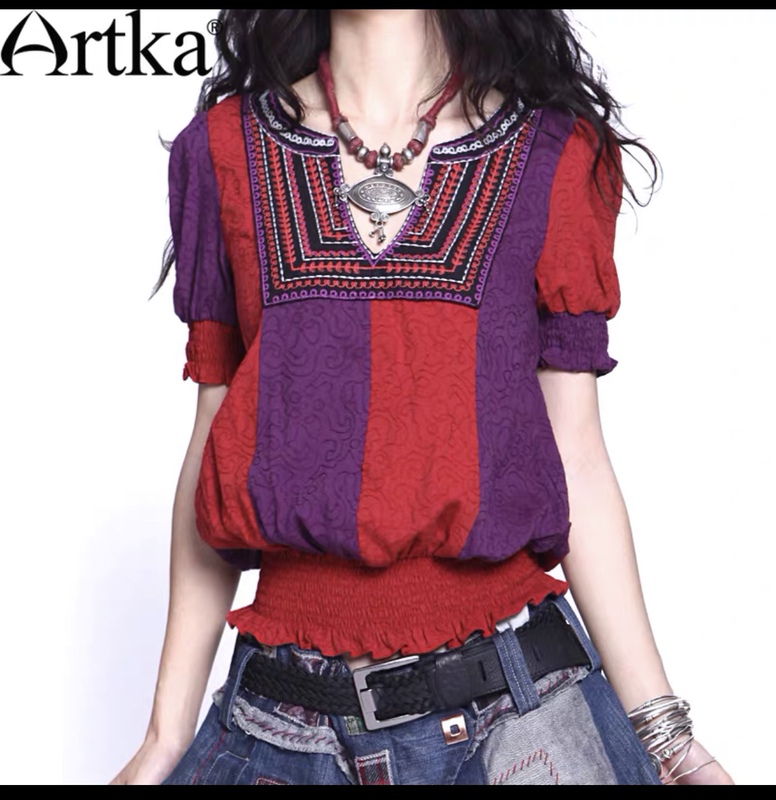 Aka Mexico Spring, Summer, and Autumn Versatile Short-Sleeved V-Neck Patchwork Pullover Vintage Ethnic Cotton Shirt for Women A06631