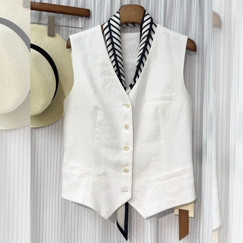 Old Money Style White Tencel Linen V-Neck Vest for Women, Summer French Sleeveless Suit with Cut-Out Shoulders, Vintage Vest