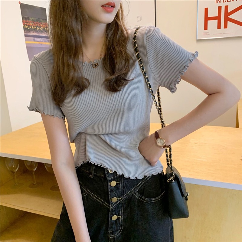 Grey Short Sleeve T-shirt Women's Dress Summer 2023 New Agaric Side Mesh Red for short and thin blouses 
