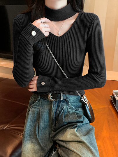 红色挂脖V领毛衣女装春秋2025新款半高领镂空针织打底衫内搭上衣