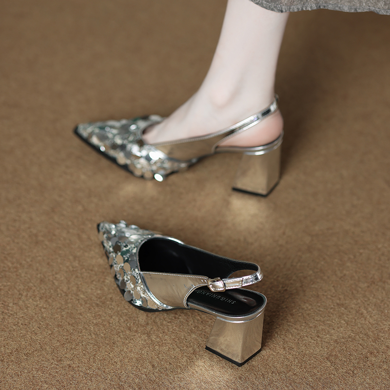 Brand High-End Sequined Pointed-Toe Fashion High-Heeled Silver Single Shoes for Women, Summer 2026, Suitable for Pairing with Dresses, Closed-Toe Sandals